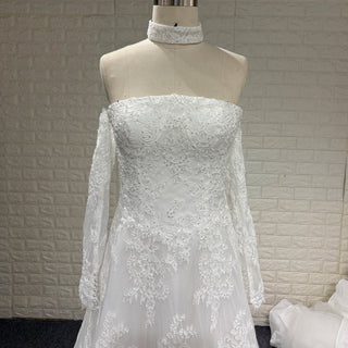 Off-the-Shoulder Lace Wedding Dress with Removable Sleeves and Choker