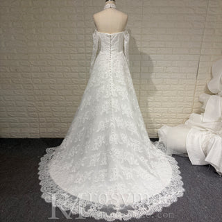 Off-the-Shoulder Lace Wedding Dress with Removable Sleeves and Choker