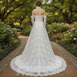 Off-the-Shoulder Lace Wedding Dress with Removable Sleeves and Choker