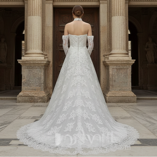 Off-the-Shoulder Lace Wedding Dress with Removable Sleeves and Choker