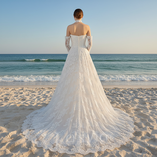 Off-the-Shoulder Lace Wedding Dress with Removable Sleeves and Choker