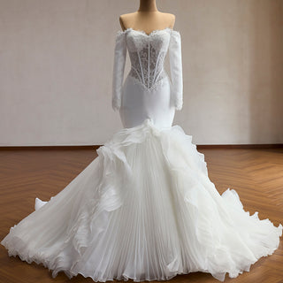 Off-Shoulder Long Sleeve Sheer Corset Mermaid Wedding Dress with Pleated Ruffle Skirt