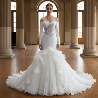 Off-Shoulder Long Sleeve Sheer Corset Mermaid Wedding Dress with Pleated Ruffle Skirt