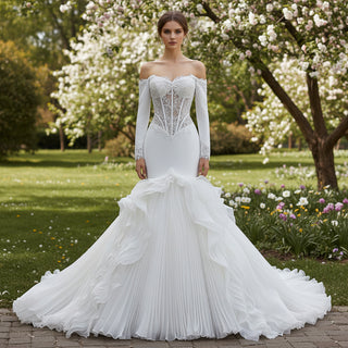 Off-Shoulder Long Sleeve Sheer Corset Mermaid Wedding Dress with Pleated Ruffle Skirt