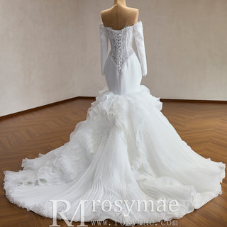 Off-Shoulder Long Sleeve Sheer Corset Mermaid Wedding Dress with Pleated Ruffle Skirt