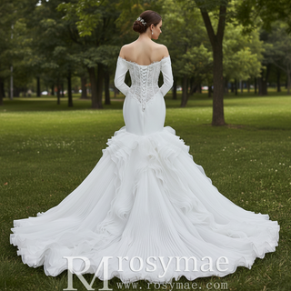 Off-Shoulder Long Sleeve Sheer Corset Mermaid Wedding Dress with Pleated Ruffle Skirt