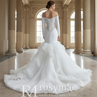 Off-Shoulder Long Sleeve Sheer Corset Mermaid Wedding Dress with Pleated Ruffle Skirt