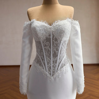 Off-Shoulder Long Sleeve Sheer Corset Mermaid Wedding Dress with Pleated Ruffle Skirt