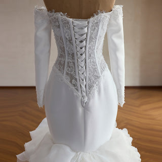 Off-Shoulder Long Sleeve Sheer Corset Mermaid Wedding Dress with Pleated Ruffle Skirt