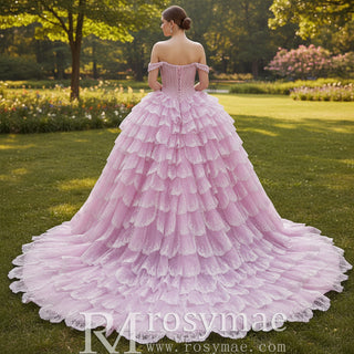 Pink Off-the-Shoulder Quinceañera Ball Gown with Tiered Ruffle Skirt & Corset Back