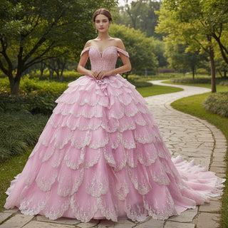 Pink Off-the-Shoulder Quinceañera Ball Gown with Tiered Ruffle Skirt & Corset Back
