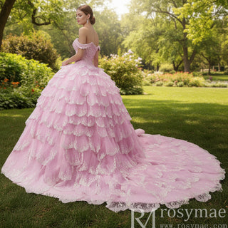 Pink Off-the-Shoulder Quinceañera Ball Gown with Tiered Ruffle Skirt & Corset Back