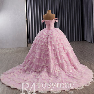 Pink Off-the-Shoulder Quinceañera Ball Gown with Tiered Ruffle Skirt & Corset Back