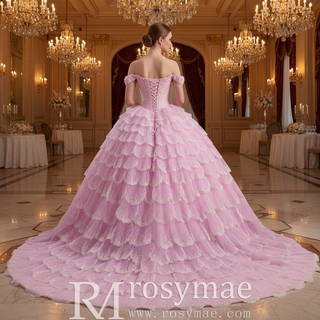Pink Off-the-Shoulder Quinceañera Ball Gown with Tiered Ruffle Skirt & Corset Back