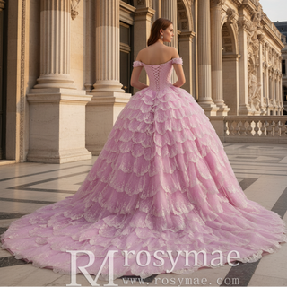 Pink Off-the-Shoulder Quinceañera Ball Gown with Tiered Ruffle Skirt & Corset Back