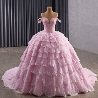 Pink Off-the-Shoulder Quinceañera Ball Gown with Tiered Ruffle Skirt & Corset Back