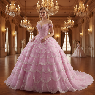 Pink Off-the-Shoulder Quinceañera Ball Gown with Tiered Ruffle Skirt & Corset Back