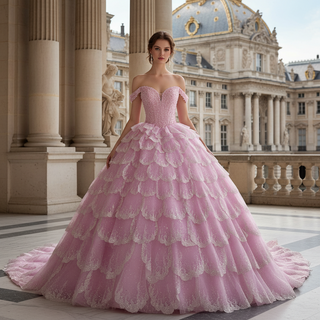 Pink Off-the-Shoulder Quinceañera Ball Gown with Tiered Ruffle Skirt & Corset Back