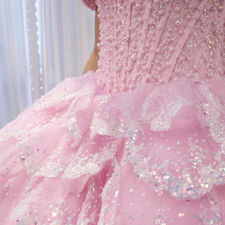 Pink Off-the-Shoulder Quinceañera Ball Gown with Tiered Ruffle Skirt & Corset Back