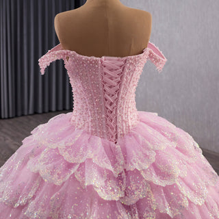 Pink Off-the-Shoulder Quinceañera Ball Gown with Tiered Ruffle Skirt & Corset Back