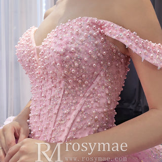 Pink Off-the-Shoulder Quinceañera Ball Gown with Tiered Ruffle Skirt & Corset Back