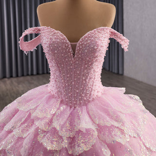 Pink Off-the-Shoulder Quinceañera Ball Gown with Tiered Ruffle Skirt & Corset Back