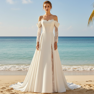 Off-the-Shoulder Satin A-Line Wedding Dress with Lace Streamer Sleeves & Train