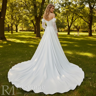 Off-the-Shoulder Satin A-Line Wedding Dress with Lace Streamer Sleeves & Train
