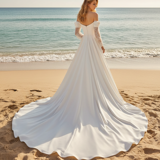Off-the-Shoulder Satin A-Line Wedding Dress with Lace Streamer Sleeves & Train
