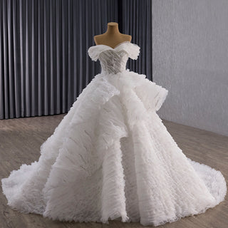 Luxury Tiered Ruffle Ball Gown Wedding Dress with Off Shoulder & High-Volume Skirt