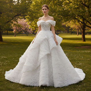 Luxury Tiered Ruffle Ball Gown Wedding Dress with Off Shoulder & High-Volume Skirt