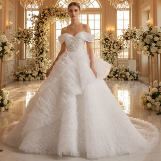 Luxury Tiered Ruffle Ball Gown Wedding Dress with Off Shoulder & High-Volume Skirt