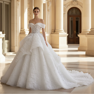 Luxury Tiered Ruffle Ball Gown Wedding Dress with Off Shoulder & High-Volume Skirt