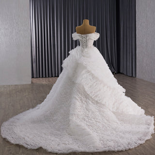 Luxury Tiered Ruffle Ball Gown Wedding Dress with Off Shoulder & High-Volume Skirt
