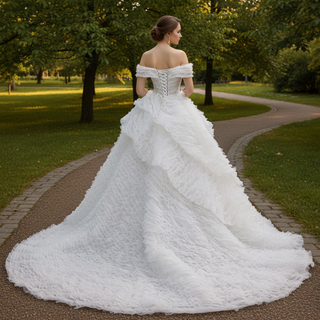Luxury Tiered Ruffle Ball Gown Wedding Dress with Off Shoulder & High-Volume Skirt