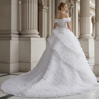 Luxury Tiered Ruffle Ball Gown Wedding Dress with Off Shoulder & High-Volume Skirt