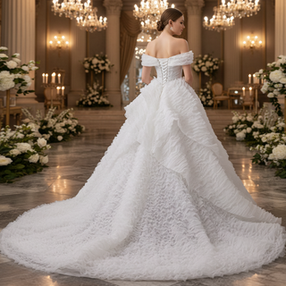 Luxury Tiered Ruffle Ball Gown Wedding Dress with Off Shoulder & High-Volume Skirt