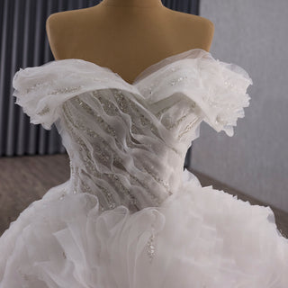 Luxury Tiered Ruffle Ball Gown Wedding Dress with Off Shoulder & High-Volume Skirt