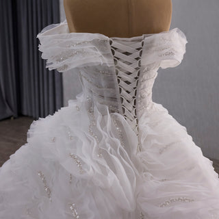 Luxury Tiered Ruffle Ball Gown Wedding Dress with Off Shoulder & High-Volume Skirt