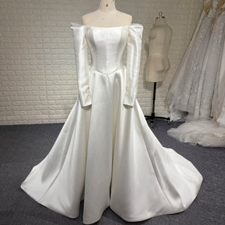 Off the Shoulder Long Sleeve Wedding Dress with Boat-neck