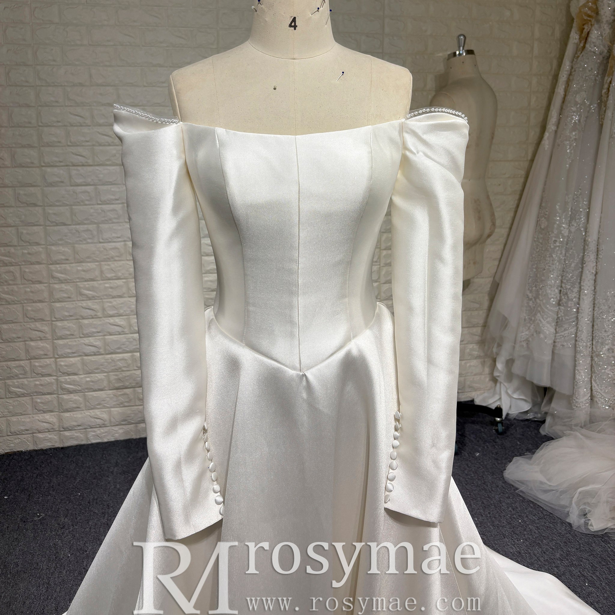 Off the Shoulder Long Sleeve Wedding Dress with Boat-neck Champagne / 0 Off the Shoulder Long Sleeve Wedding Dress with Boat-neck Champagne / 0