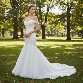 Off the Shoulder Ruched Tulle Lace Trumpet Wedding Dress