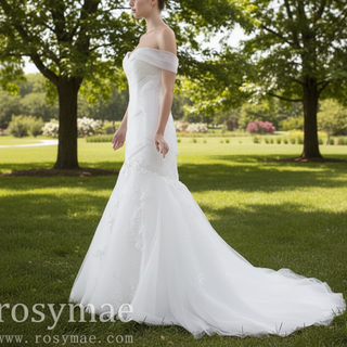 Off the Shoulder Ruched Tulle Lace Trumpet Wedding Dress