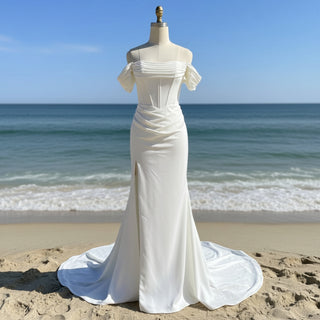 Elegant Off Shoulder Satin Mermaid Wedding Dress with Leg Slit