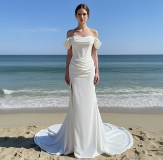 Elegant Off Shoulder Satin Mermaid Simple Wedding Dress with Leg Slit