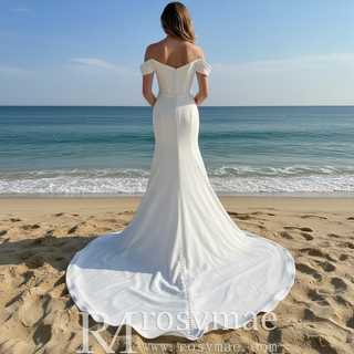 Elegant Off Shoulder Satin Mermaid Simple Wedding Dress with Leg Slit