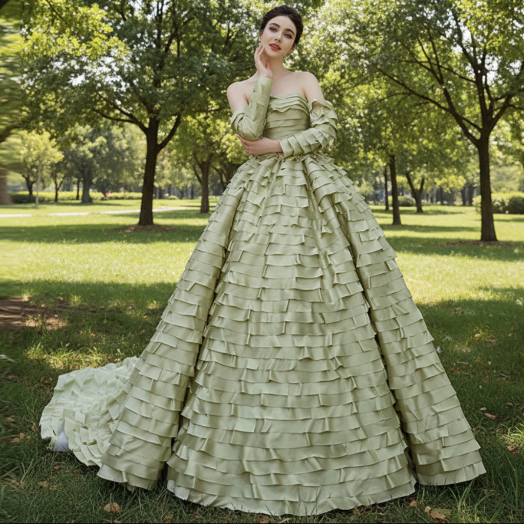 Pleated Olive Wedding Dress Detachable Long Sleeve Formal Gown Rosymae Pleated Olive Wedding Dress Detachable Long Sleeve Formal Gown Rosymae