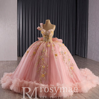 One Shoulder Puffy Pink Quinceanera Dress For Sweet 15 16 Girls