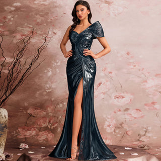 Unique Leg Slit Mermaid Prom Dresses Formal Gown with One Shoulder