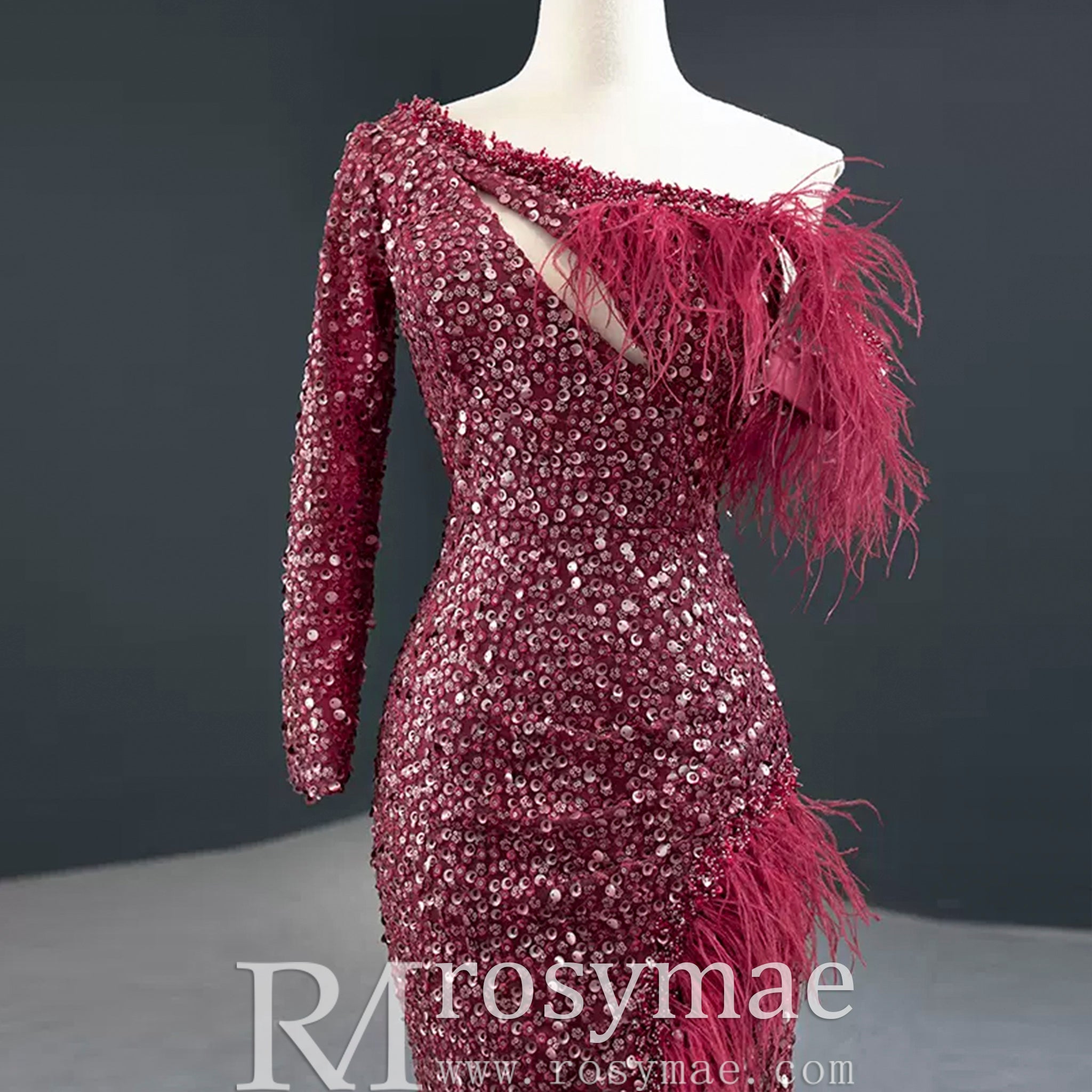 Burgundy Mermaid Sequins One Shoulder Long Sleeve Prom Dress Rosymae Burgundy Mermaid Sequins One Shoulder Long Sleeve Prom Dress Rosymae